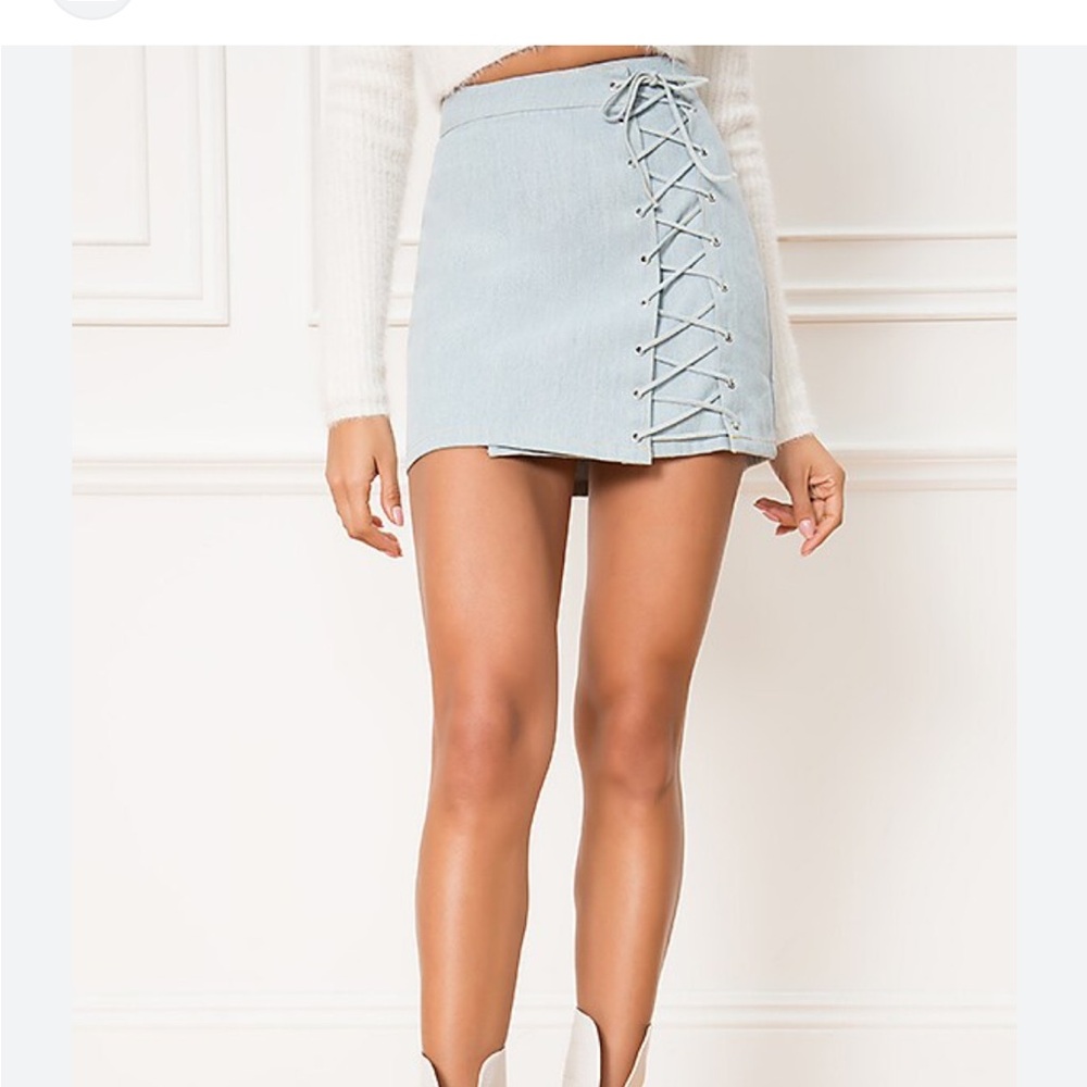 Tobi Light Blue Lace-Up Mini Skirt